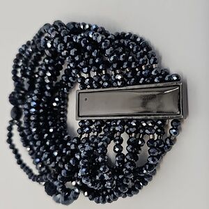 Elegant Deep Blue Shimmering Beaded Multi-strand Bracelet wGunmetal Accent